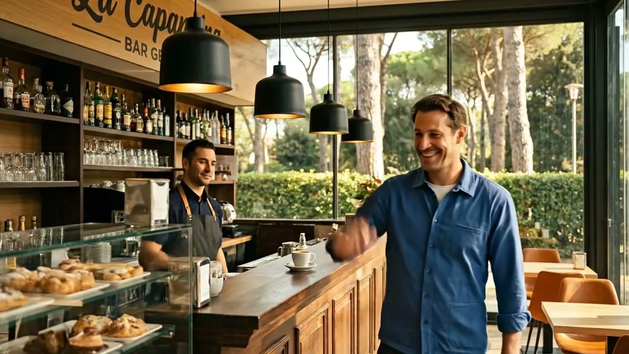 Un cliente sorridente al bancone, con le brioche in vetrina