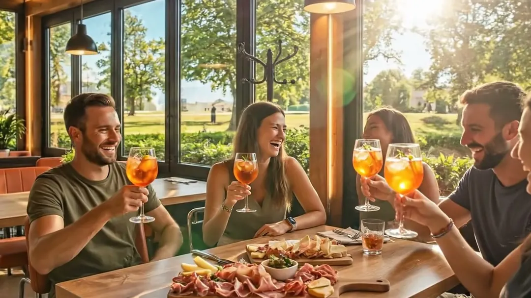 Un brindisi tra amici nella veranda, con calici e stuzzichini