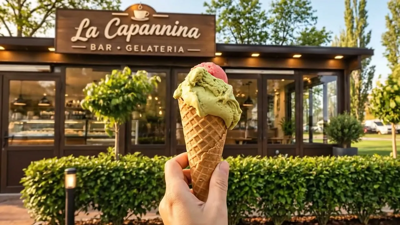 Un cono gelato al pistacchio e fragola davanti al chiosco