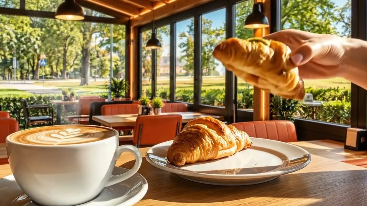 Un croissant appena sfornato accanto al cappuccino
