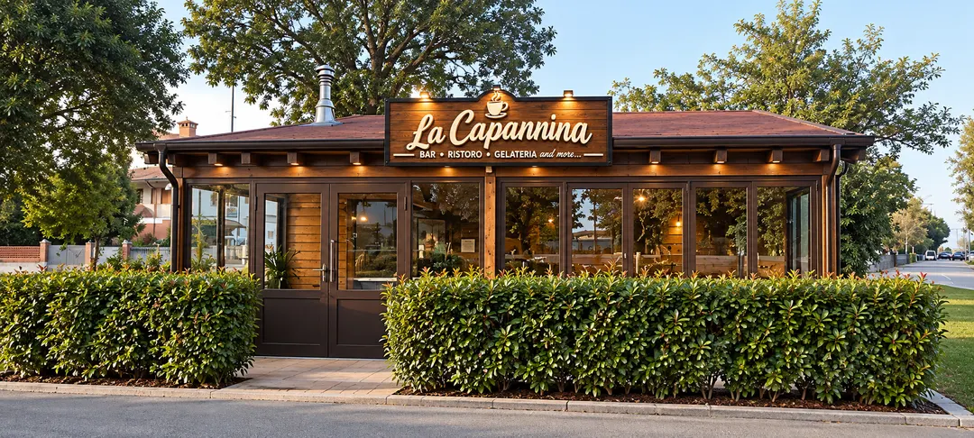 La facciata de La Capannina con la nuova insegna in legno illuminata, tra siepi e alberi