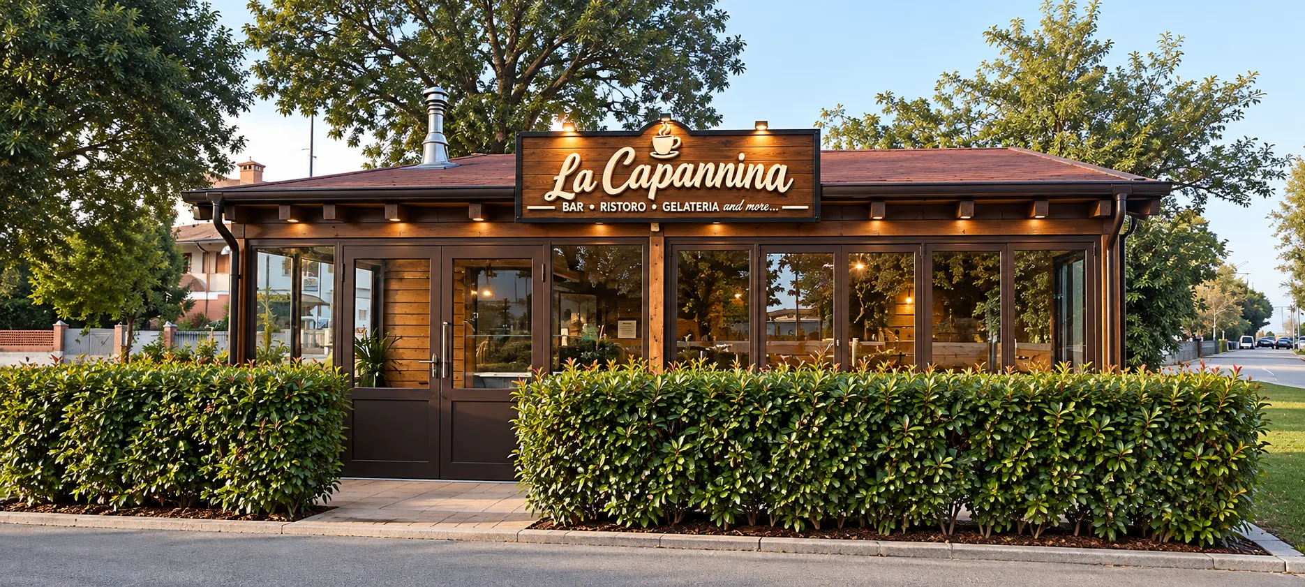 La facciata de La Capannina con la nuova insegna in legno illuminata, tra siepi e alberi