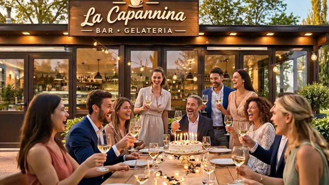 Ospiti che festeggiano attorno a una lunga tavola apparecchiata