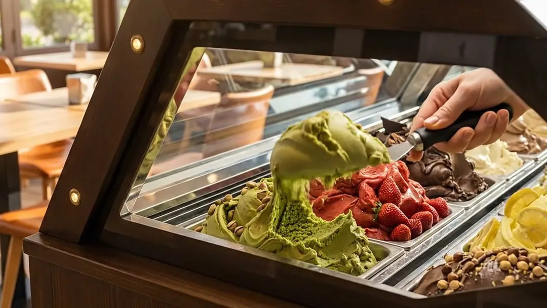Una spatola che prende il gelato al pistacchio dalla vetrina