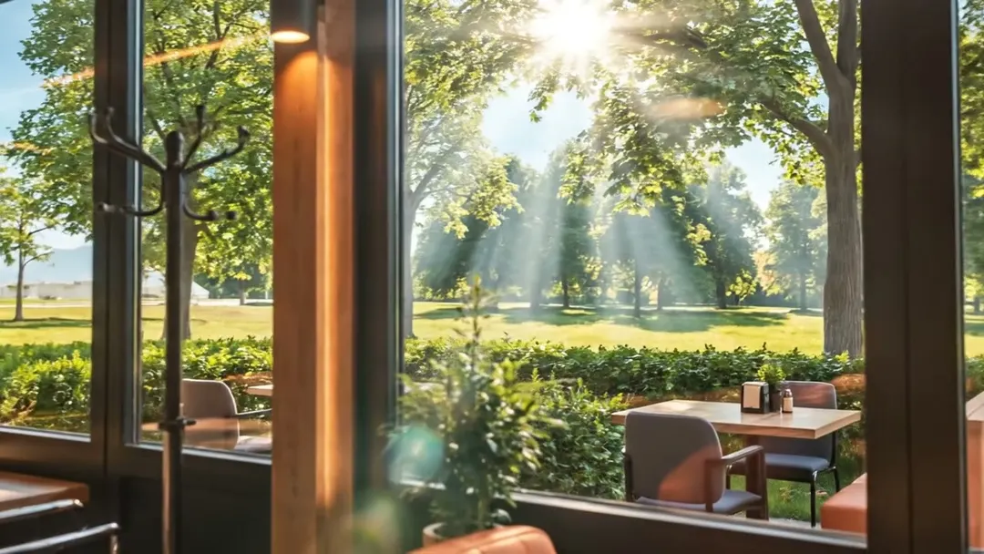 Luce del mattino che filtra tra gli alberi oltre le vetrate