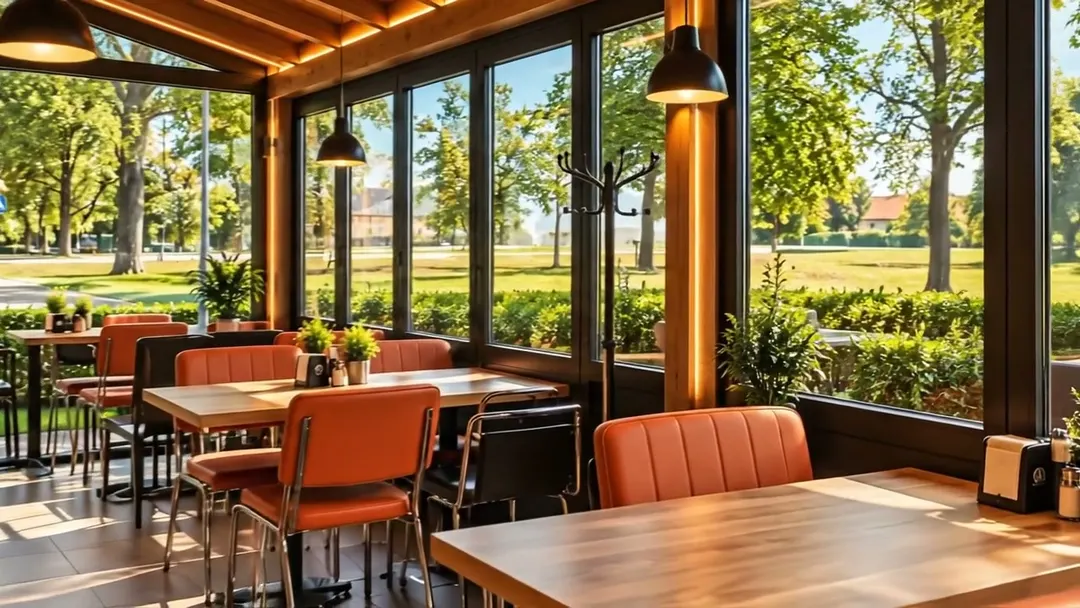 Tavoli in legno e sedie color terracotta nella veranda